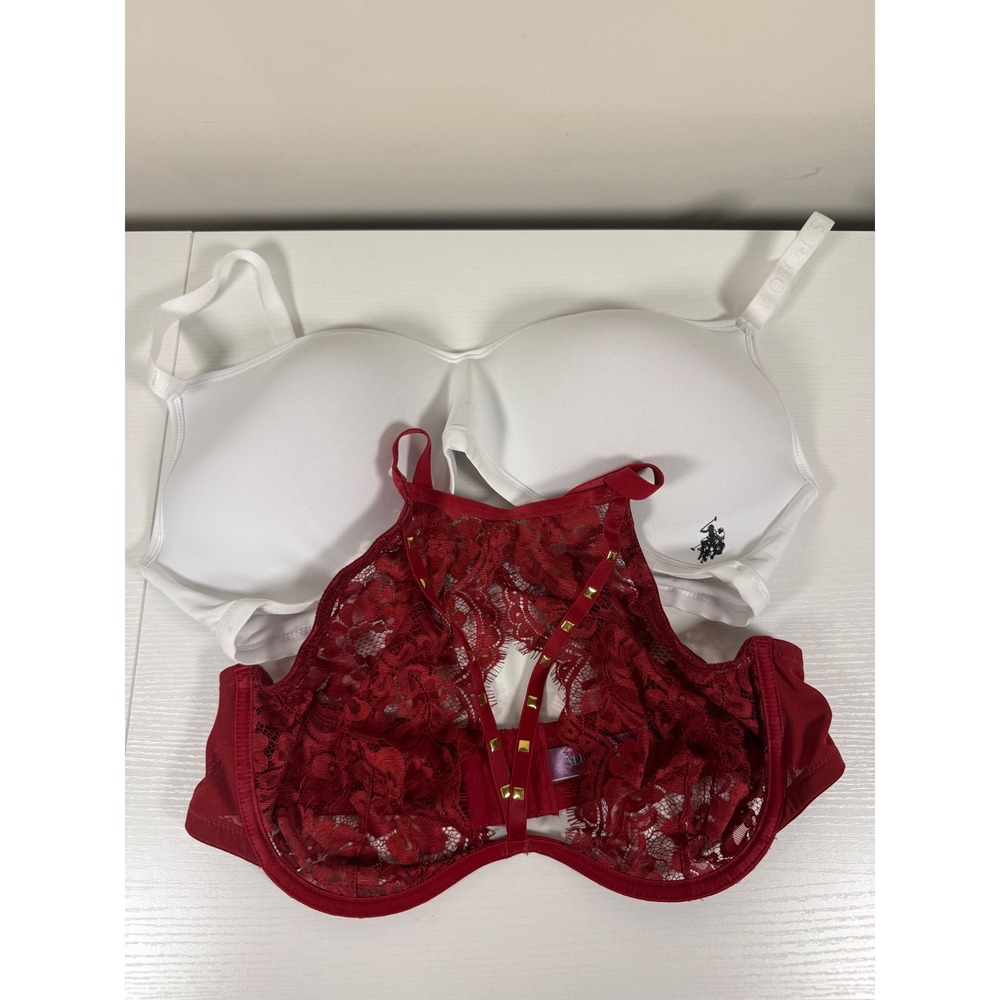 Lot of 2 Bras 38DD U.S. Polo Assn White T-Shirt & Adore Me Red Lace Studded Bra